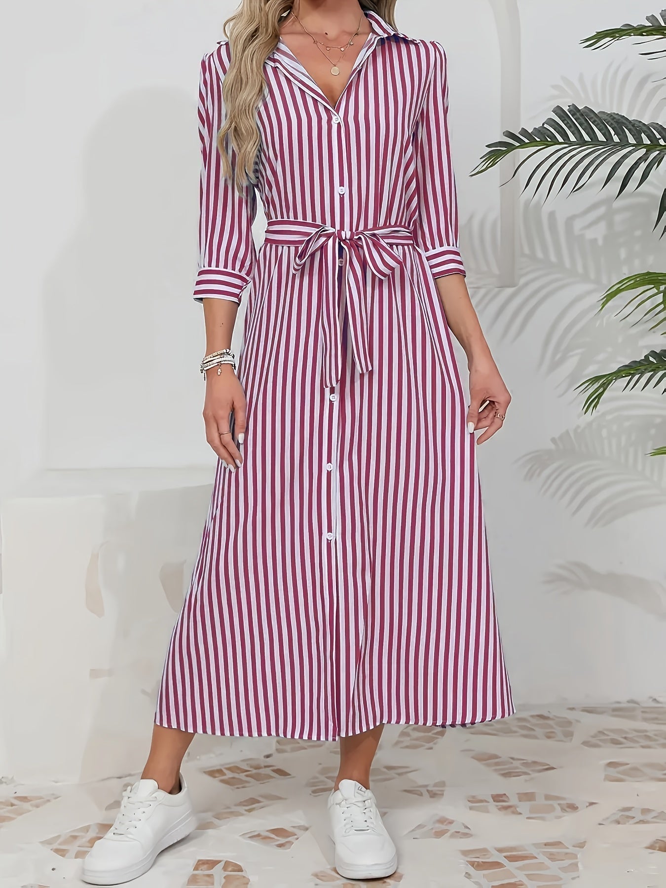 Abito midi chemisier da donna a righe con cintura - Chic e casual 7