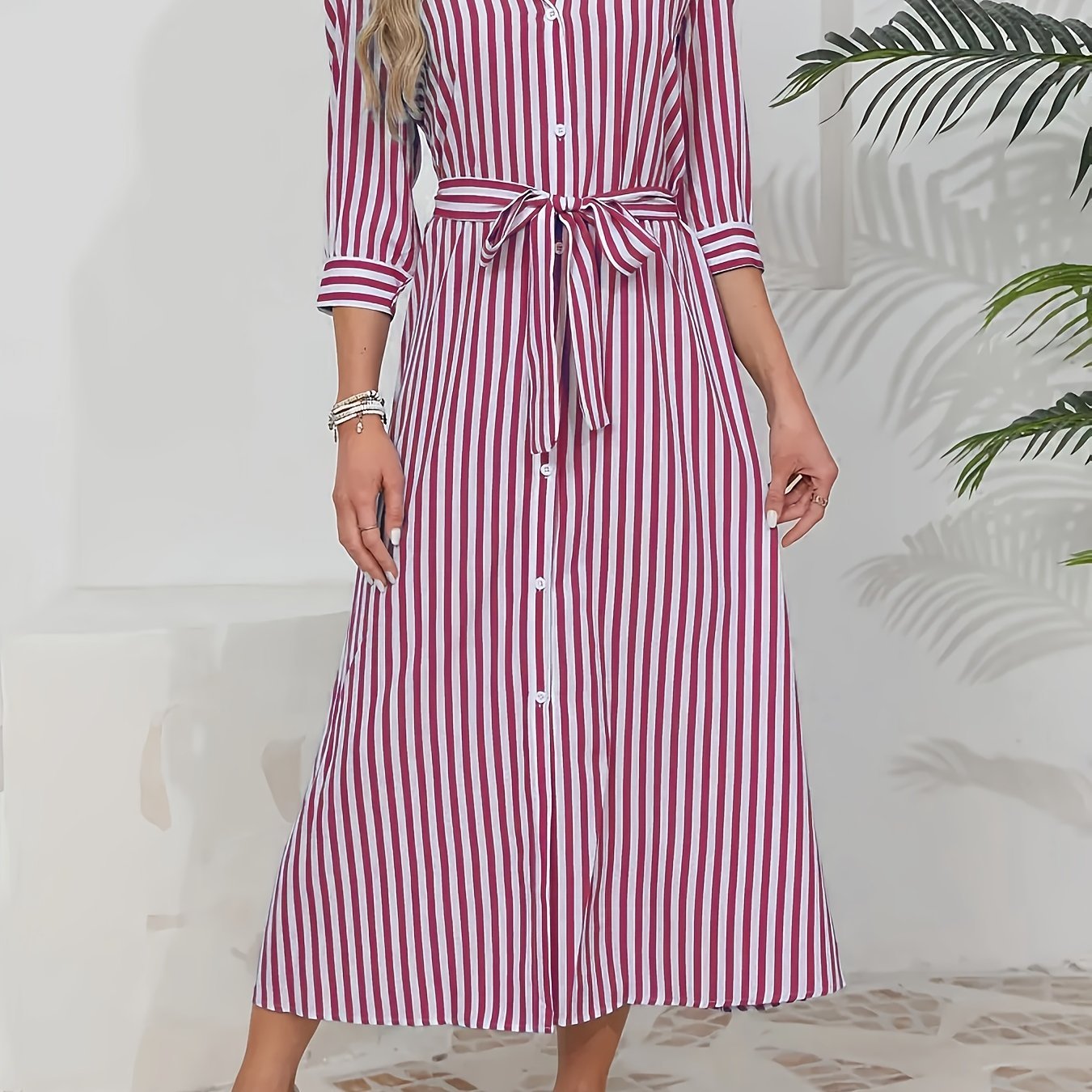 Abito midi chemisier da donna a righe con cintura - Chic e casual 8