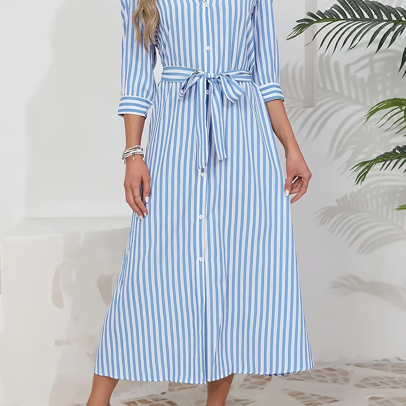 Abito midi chemisier da donna a righe con cintura - Chic e casual 9