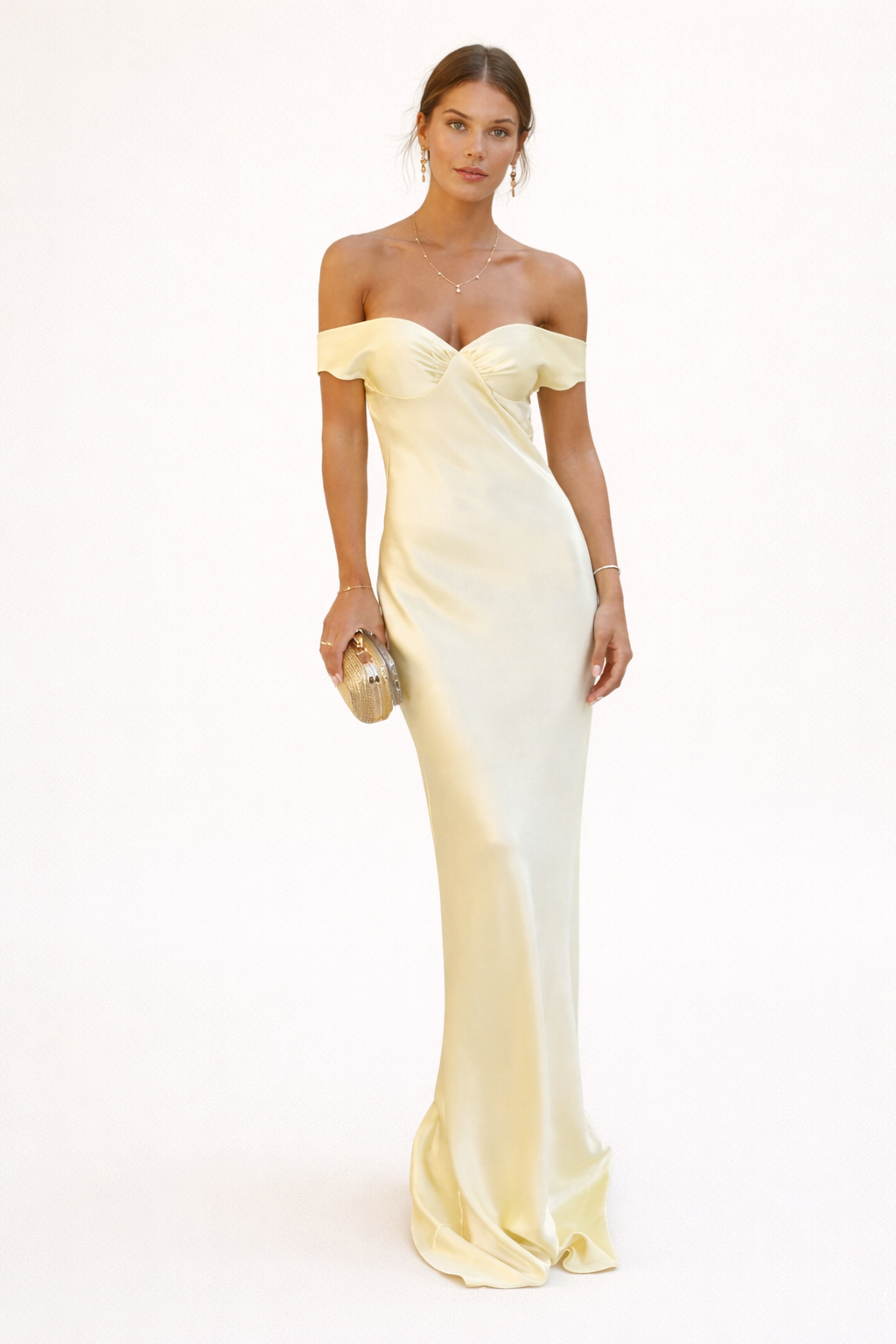 Abito Lungo Donna | Bardot Off-Shoulder & Drappeggio Cuore Satinato