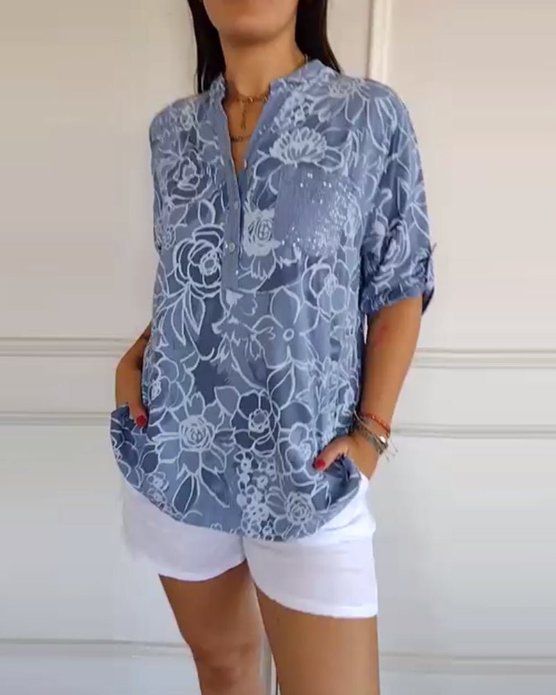 Blusa Stampata Bottonata a Collo a V 0