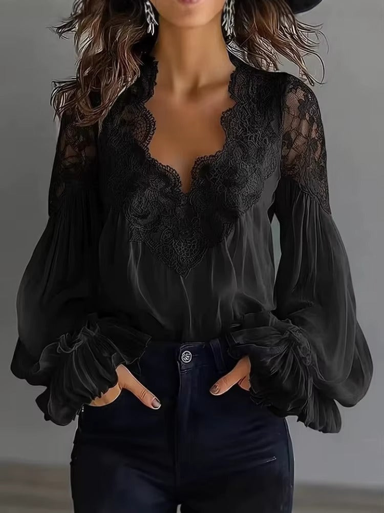 Blusa Donna Elegante | Pizzo Floreale & Maniche a Lanterna
