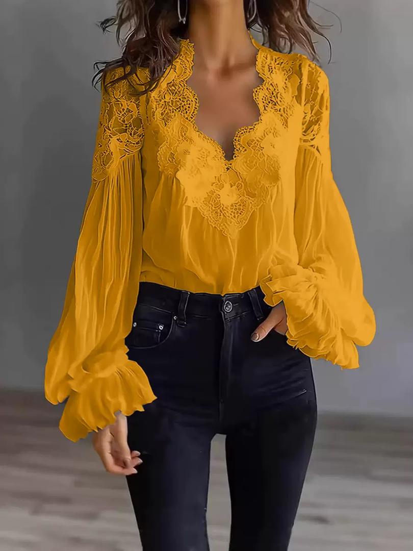 Blusa Donna Elegante | Pizzo Floreale & Maniche a Lanterna
