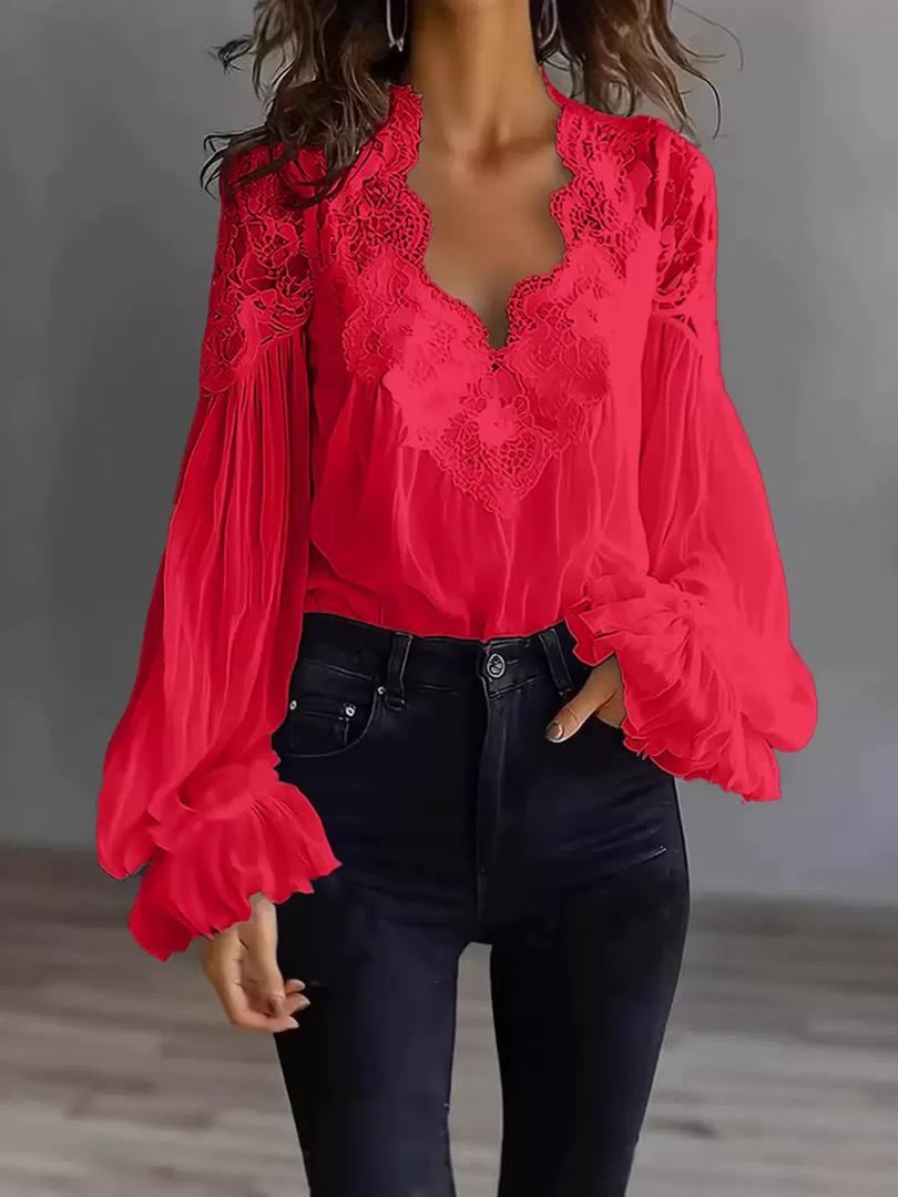 Blusa Donna Elegante | Pizzo Floreale & Maniche a Lanterna