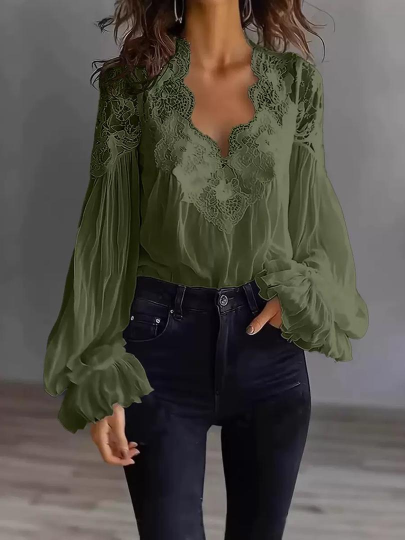 Blusa Donna Elegante | Pizzo Floreale & Maniche a Lanterna