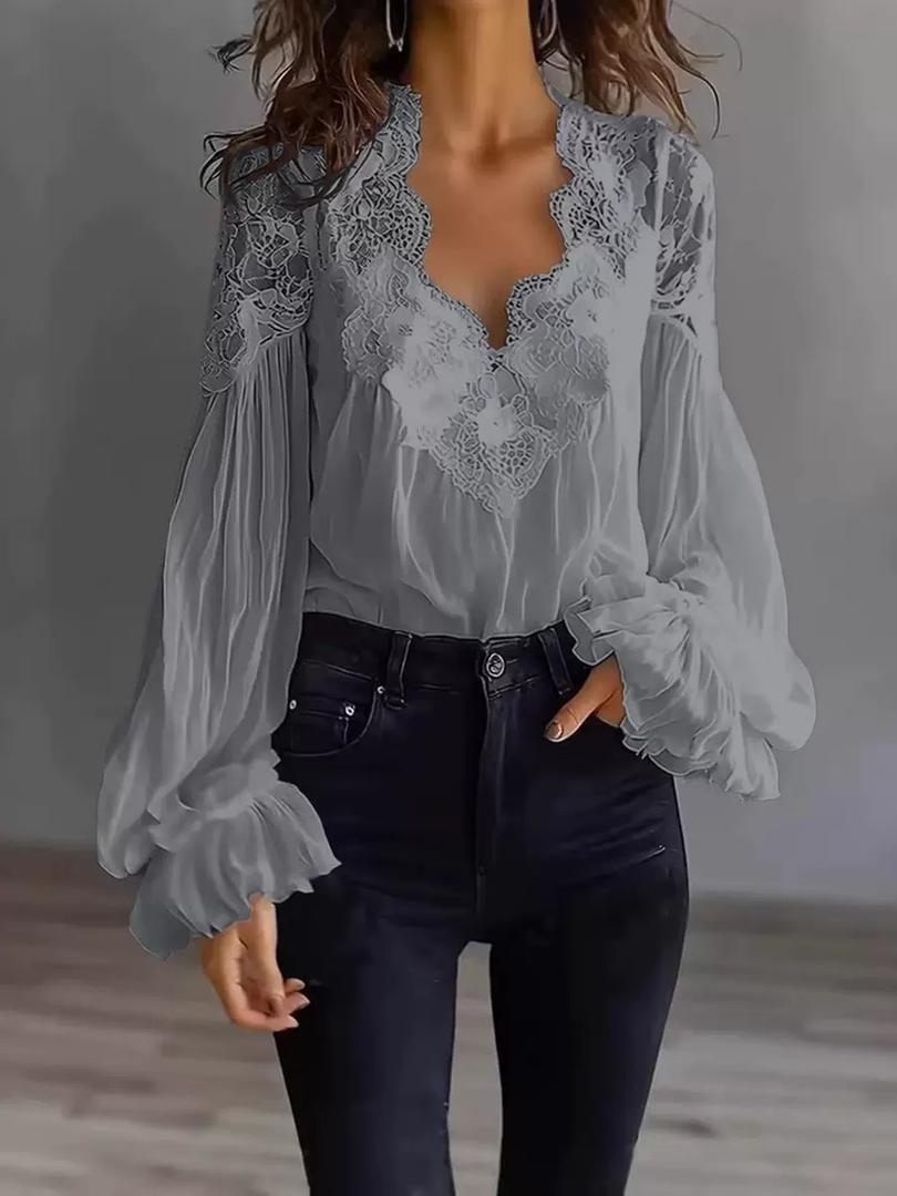 Blusa Donna Elegante | Pizzo Floreale & Maniche a Lanterna