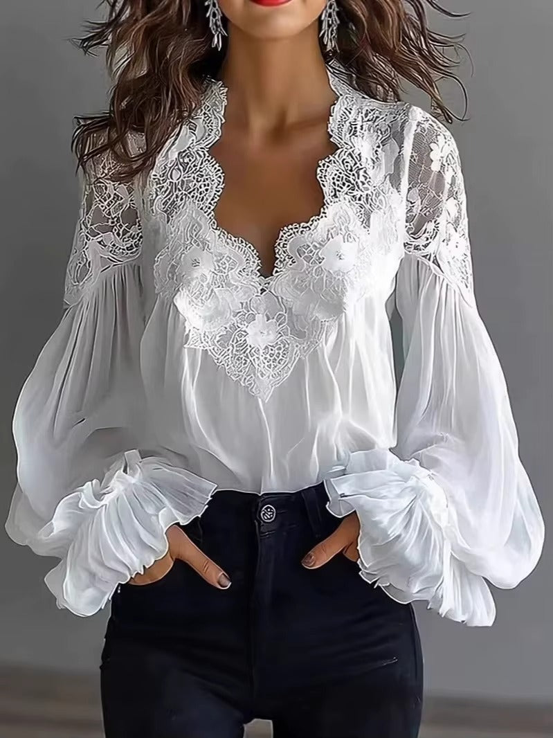 Blusa Donna Elegante | Pizzo Floreale & Maniche a Lanterna