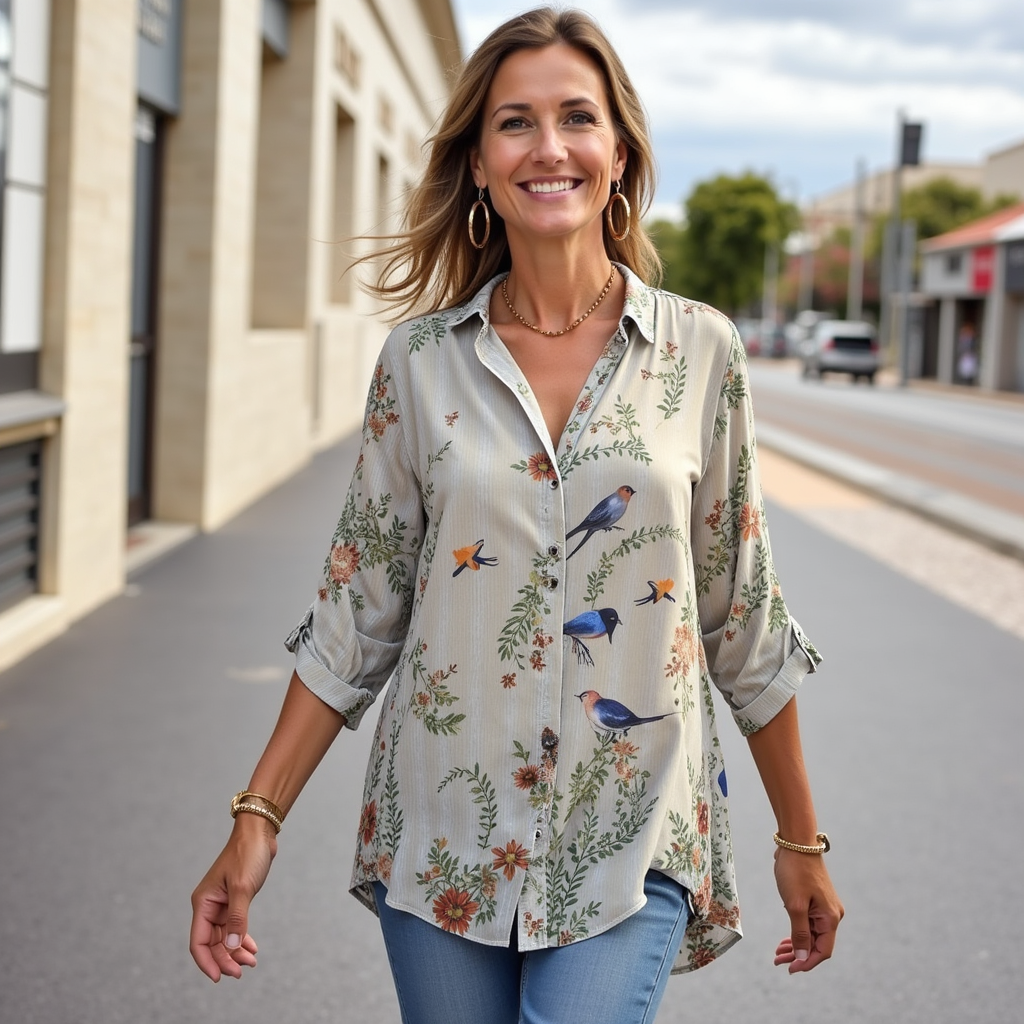 Blusa Donna | Floreale con Uccellini & Maniche Arrotolabili