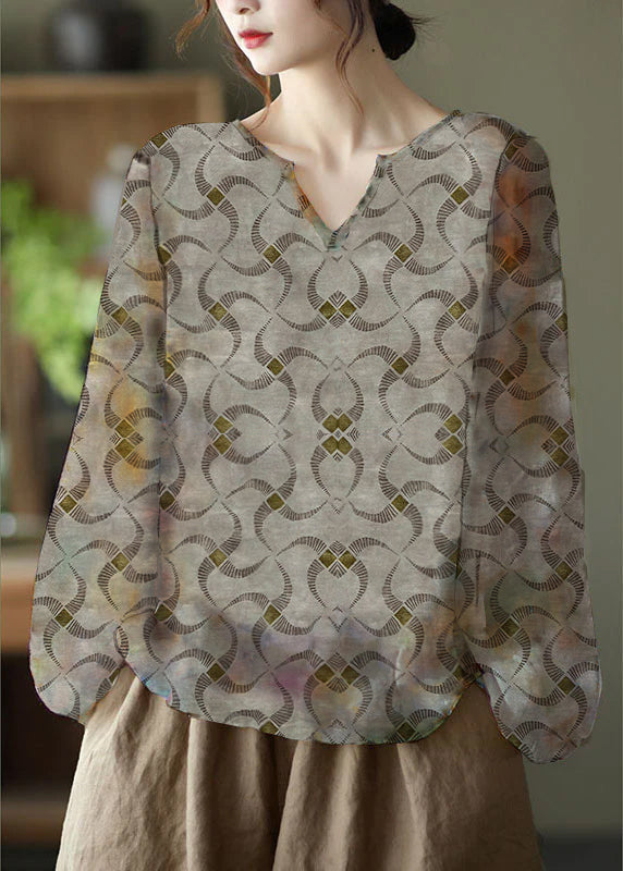 Blusa Donna | Geometrica Vintage con Scollo a V & Maniche Lunghe