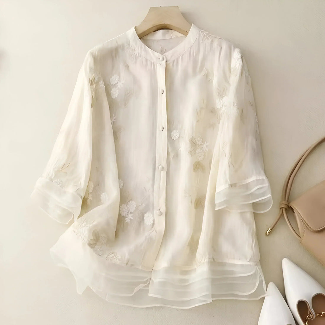Blusa Donna | Ricamata con Fiori & Orlo in Tulle a Doppio Strato