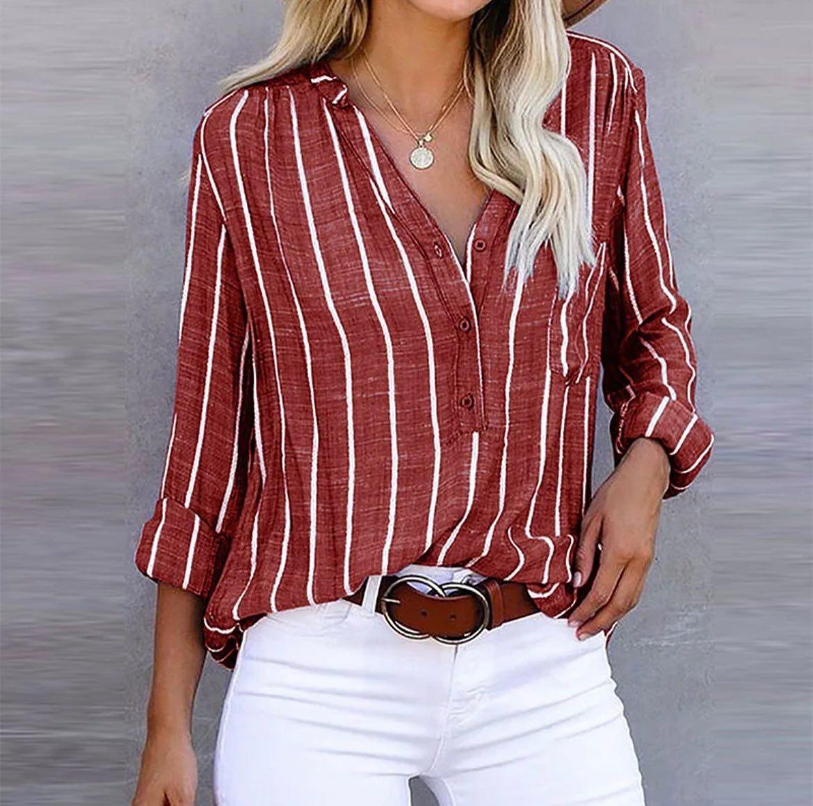 Blusa in Cotone Donna | Scollo a V valorizzante & Righe verticali slancianti