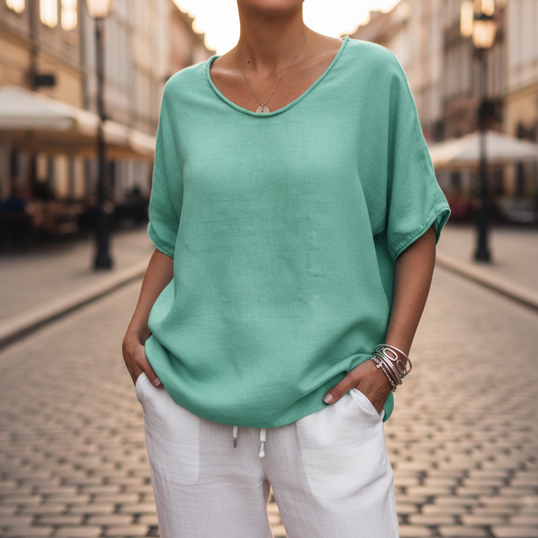 Camicetta a Maniche Corte Scollo a Girocollo Tinta Unita Donna 0