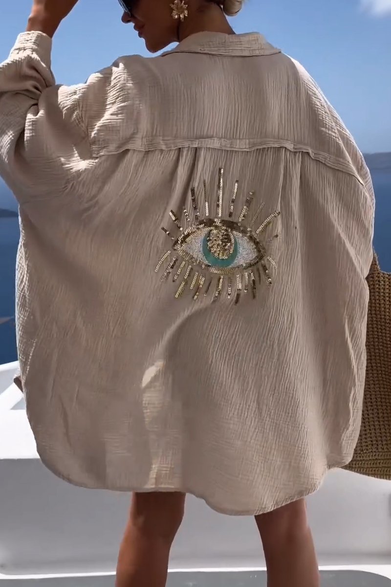 Camicia Oversize Donna | Ricamo Occhio & Paillettes Dorate