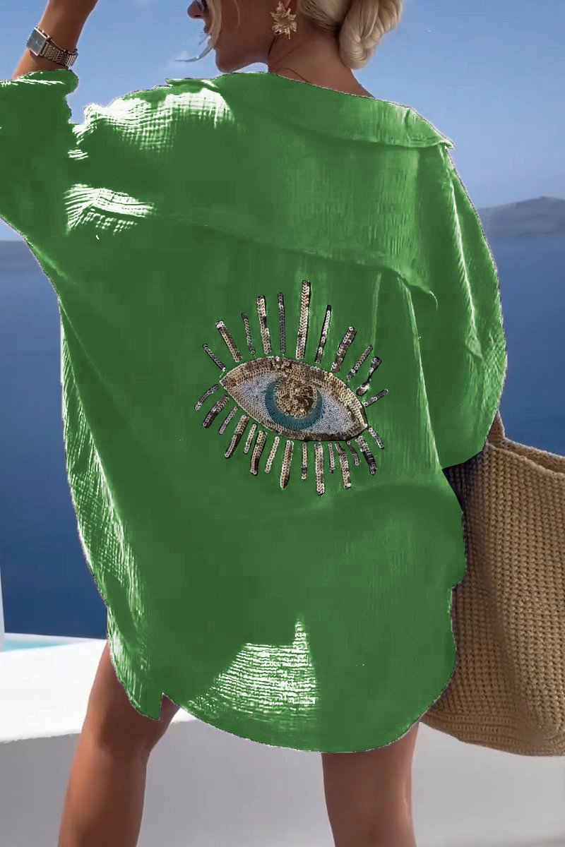 Camicia Oversize Donna | Ricamo Occhio & Paillettes Dorate