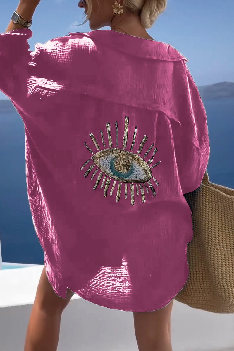 Camicia Oversize Donna | Ricamo Occhio & Paillettes Dorate