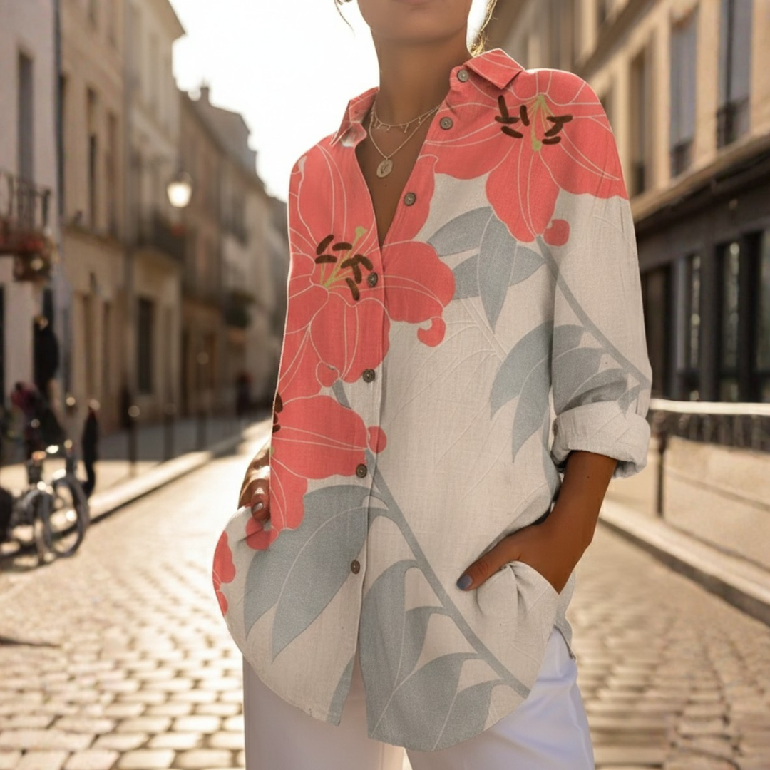 Camicia a Bottoni Stampa Floreale Oversize a Maniche Lunghe Donna 7