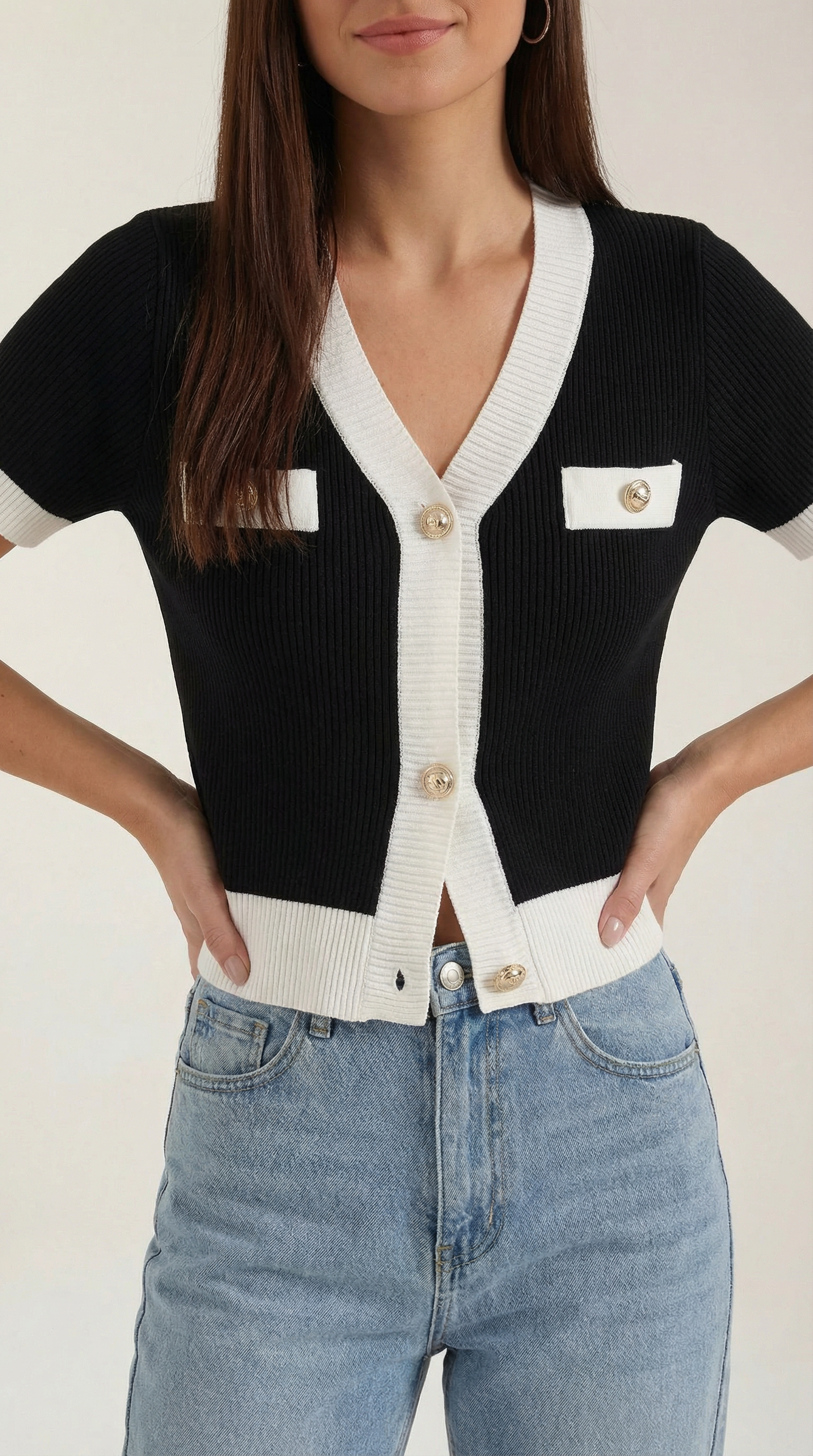Cardigan Donna a Coste Bottoni Dorati Bordi a Contrasto 2