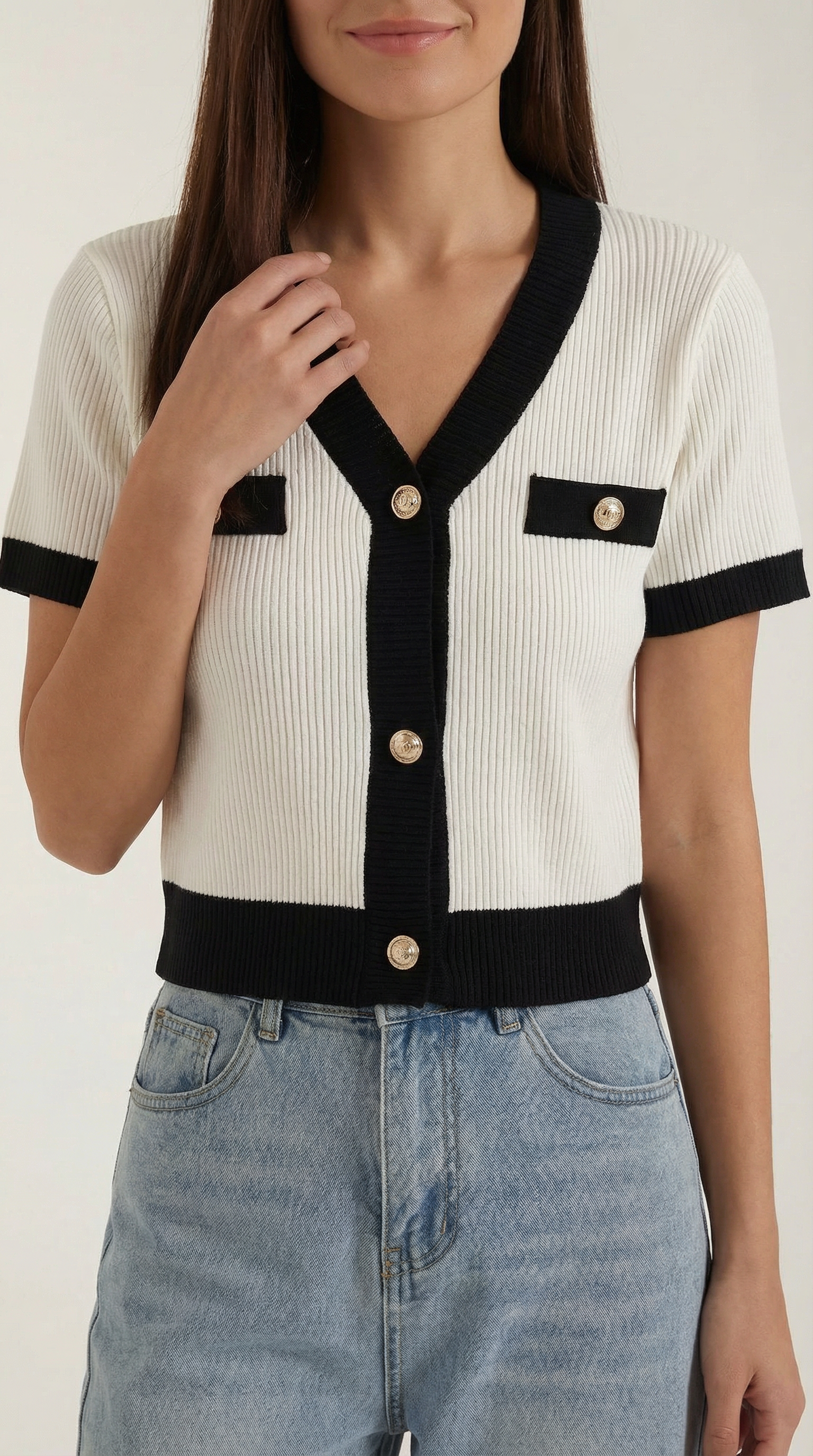 Cardigan Donna a Coste Bottoni Dorati Bordi a Contrasto 7