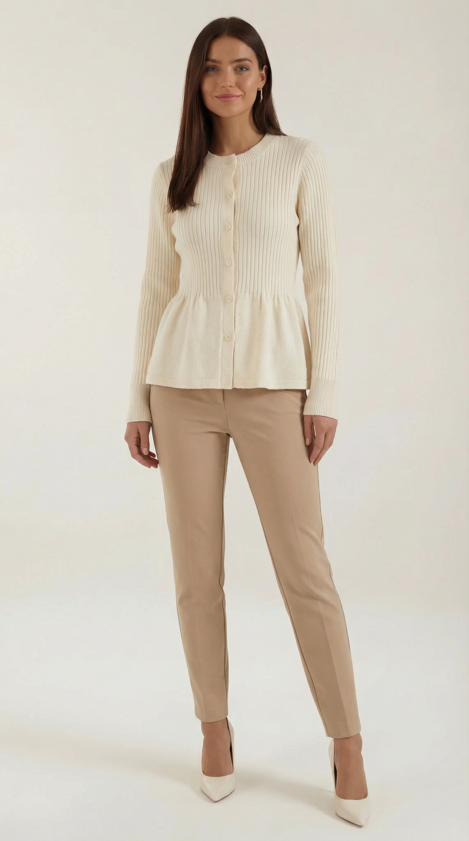 Cardigan Donna a Peplo con Bottoni Maniche a Coste Romantico 10