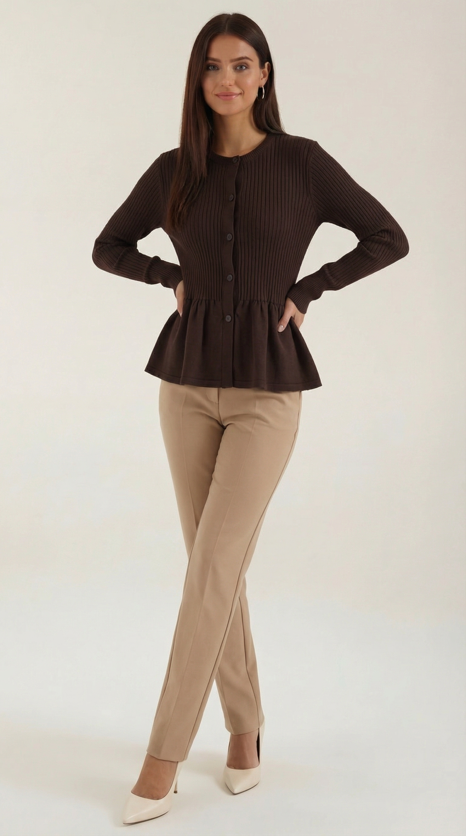 Cardigan Donna a Peplo con Bottoni Maniche a Coste Romantico 5