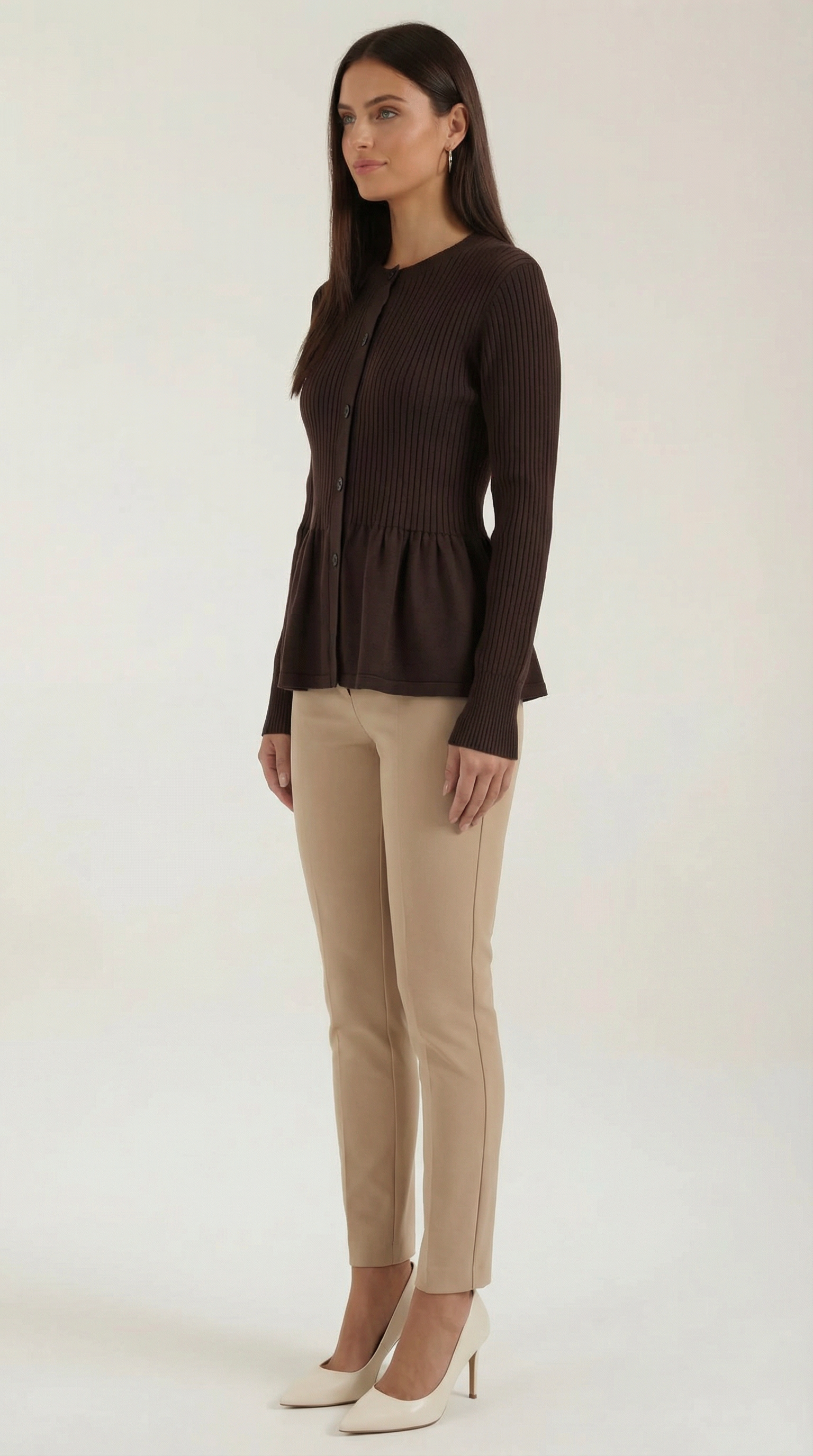 Cardigan Donna a Peplo con Bottoni Maniche a Coste Romantico 6