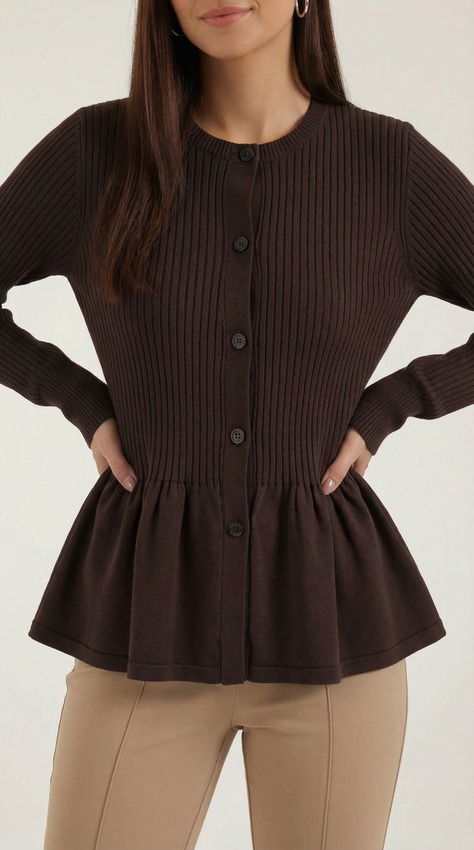 Cardigan Donna a Peplo con Bottoni Maniche a Coste Romantico 7