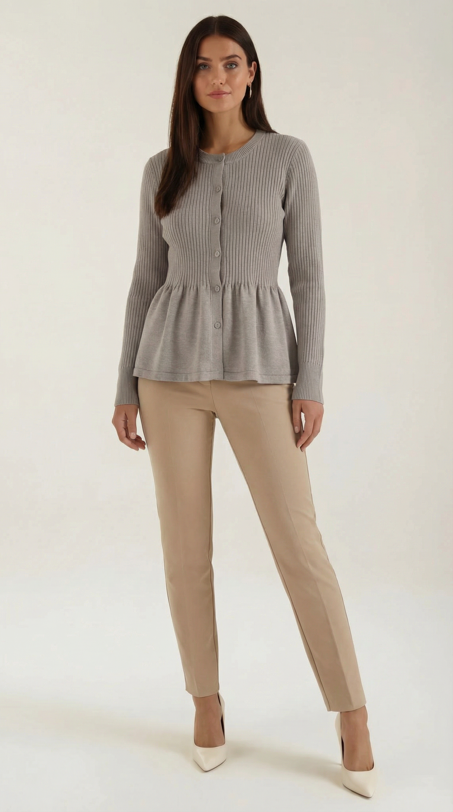 Cardigan Donna a Peplo con Bottoni Maniche a Coste Romantico 9