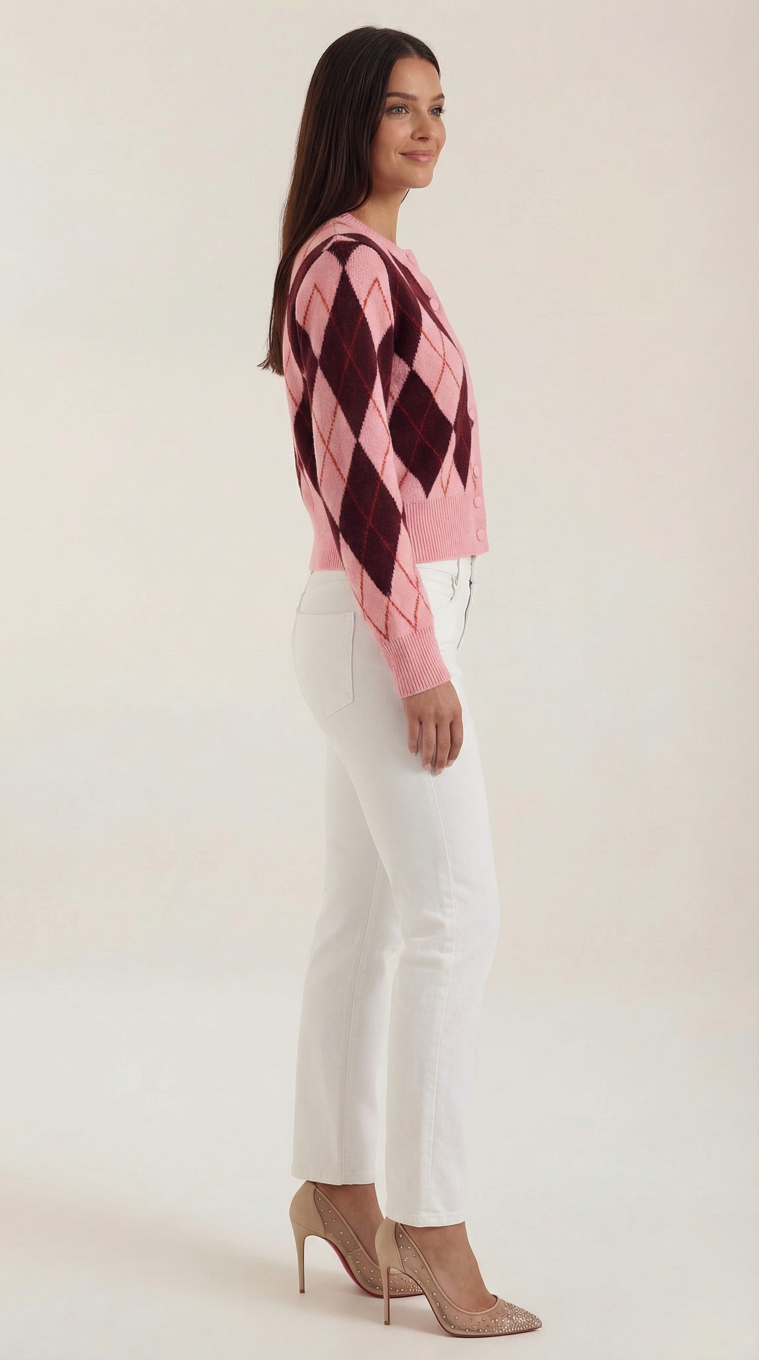 Cardigan Donna in Maglia Argyle Preppy Bottoni Tono su Tono 1