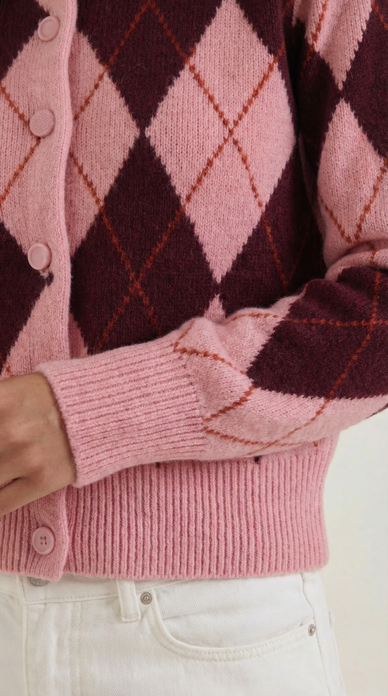 Cardigan Donna in Maglia Argyle Preppy Bottoni Tono su Tono 2