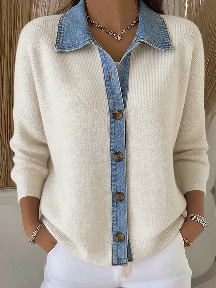 Cardigan in Maglia con Colletto Polo e Patchwork in Denim con Bottoni 1