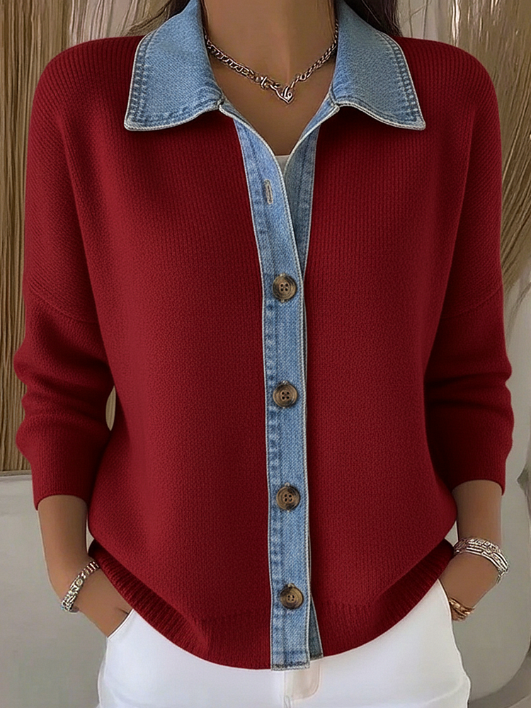 Cardigan in Maglia con Colletto Polo e Patchwork in Denim con Bottoni 2