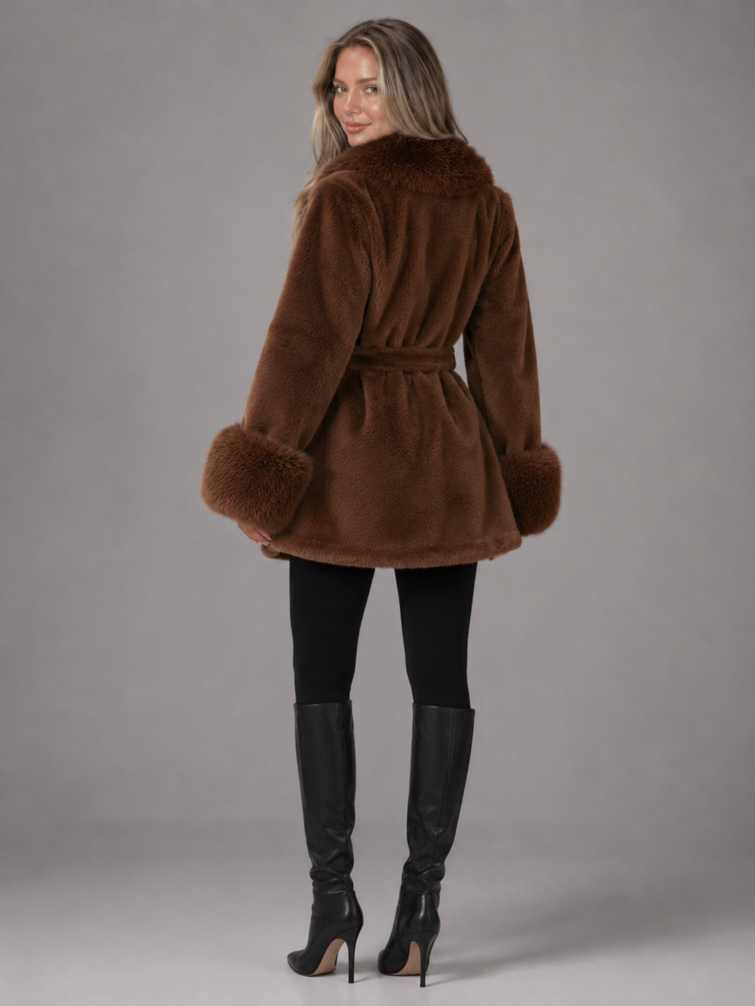 Belted Faux Fur Collar Coat for Women