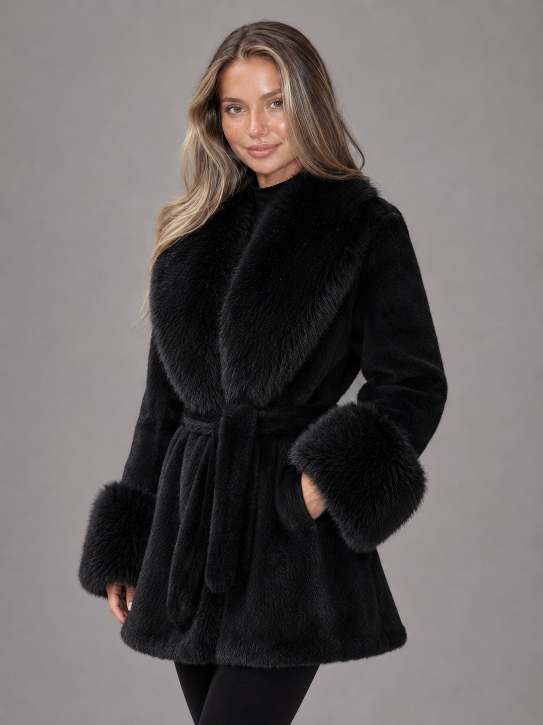 Belted Faux Fur Collar Coat for Women
