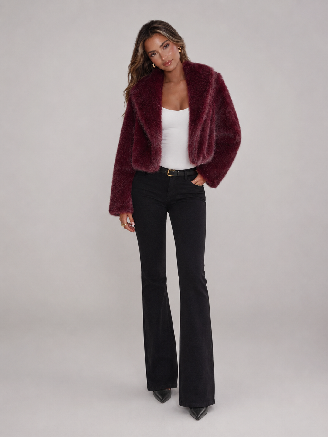 Cropped Faux Fox Fur Jacket with Wide Collar