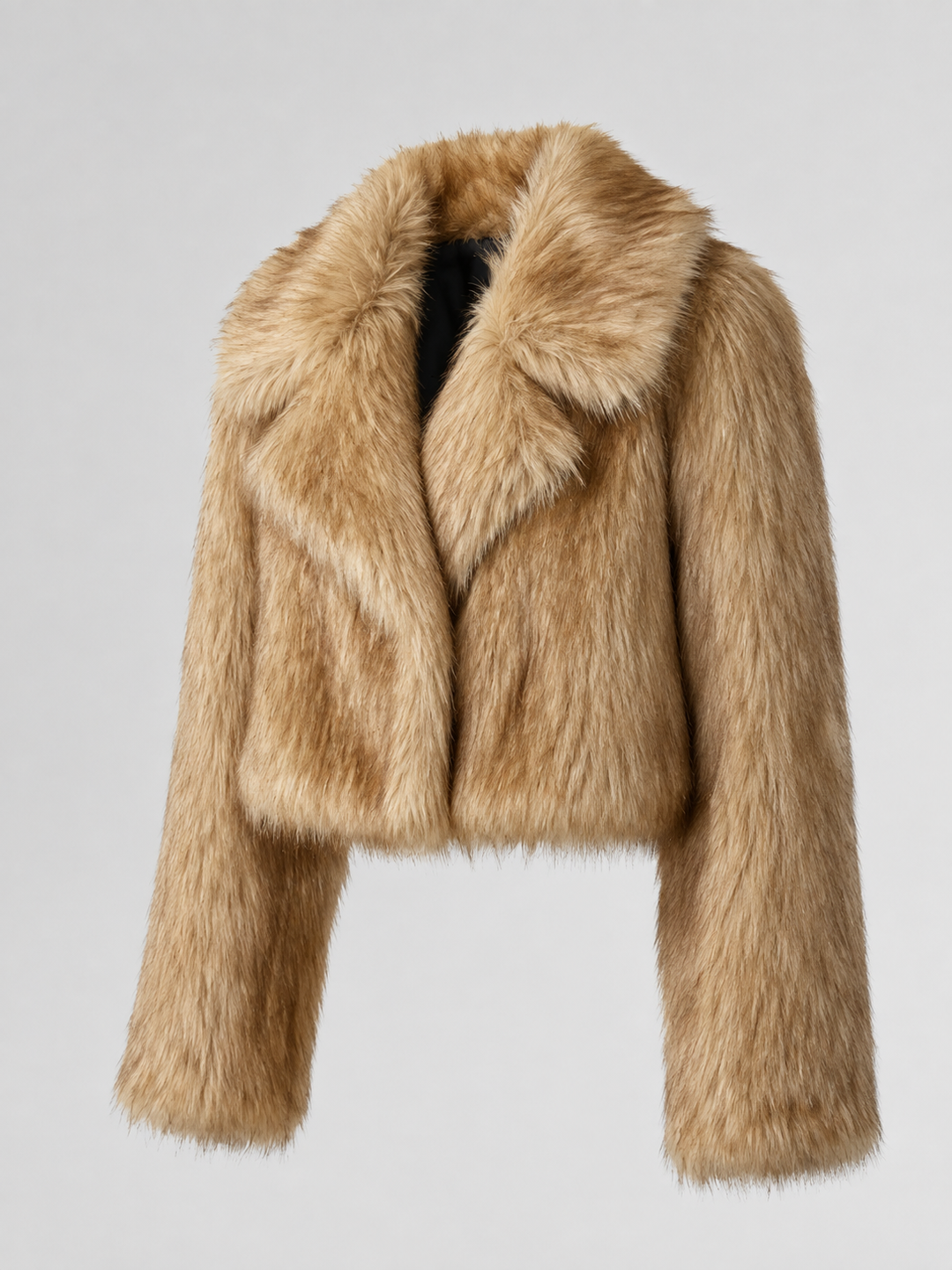 Beige Cropped Faux Fur Jacket with Tailored Collar