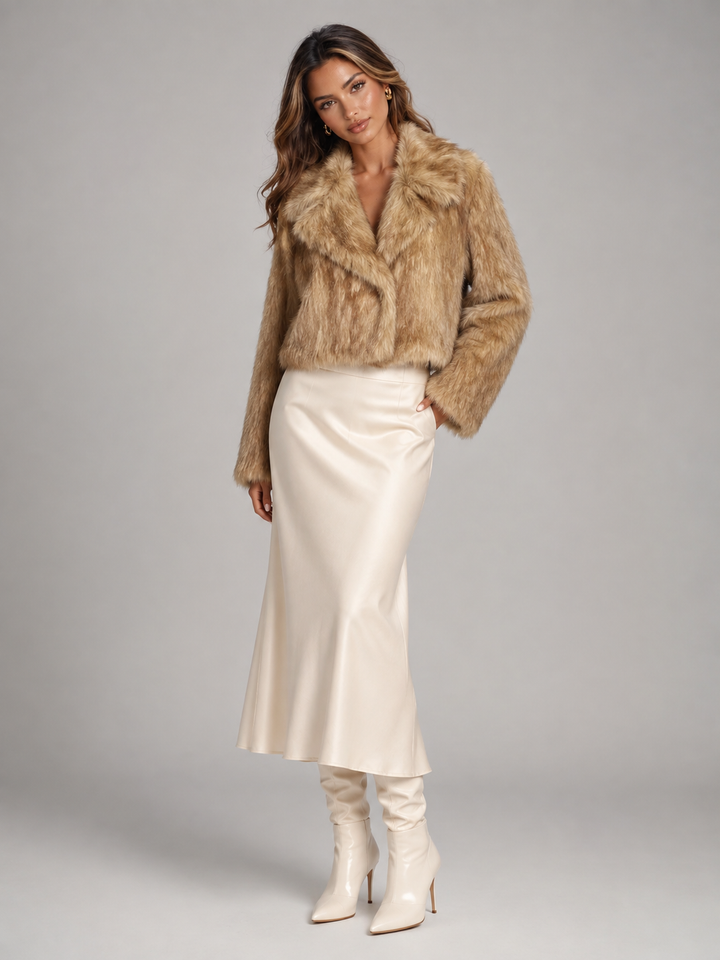 Beige Cropped Faux Fur Jacket with Tailored Collar