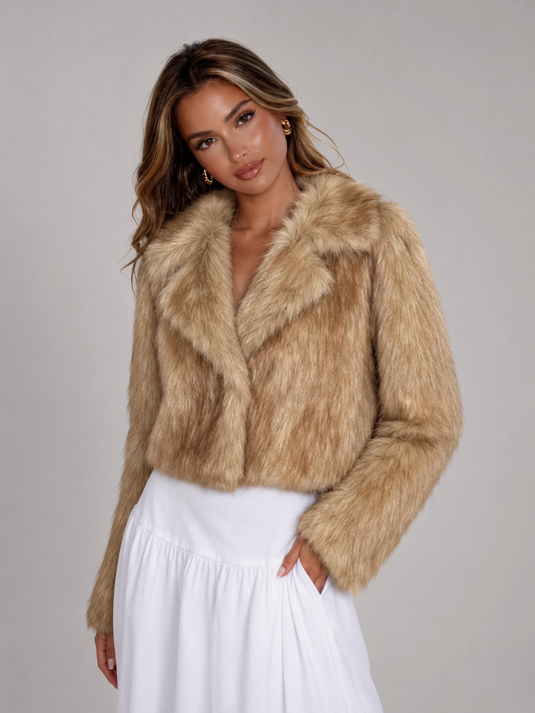 Beige Cropped Faux Fur Jacket with Tailored Collar