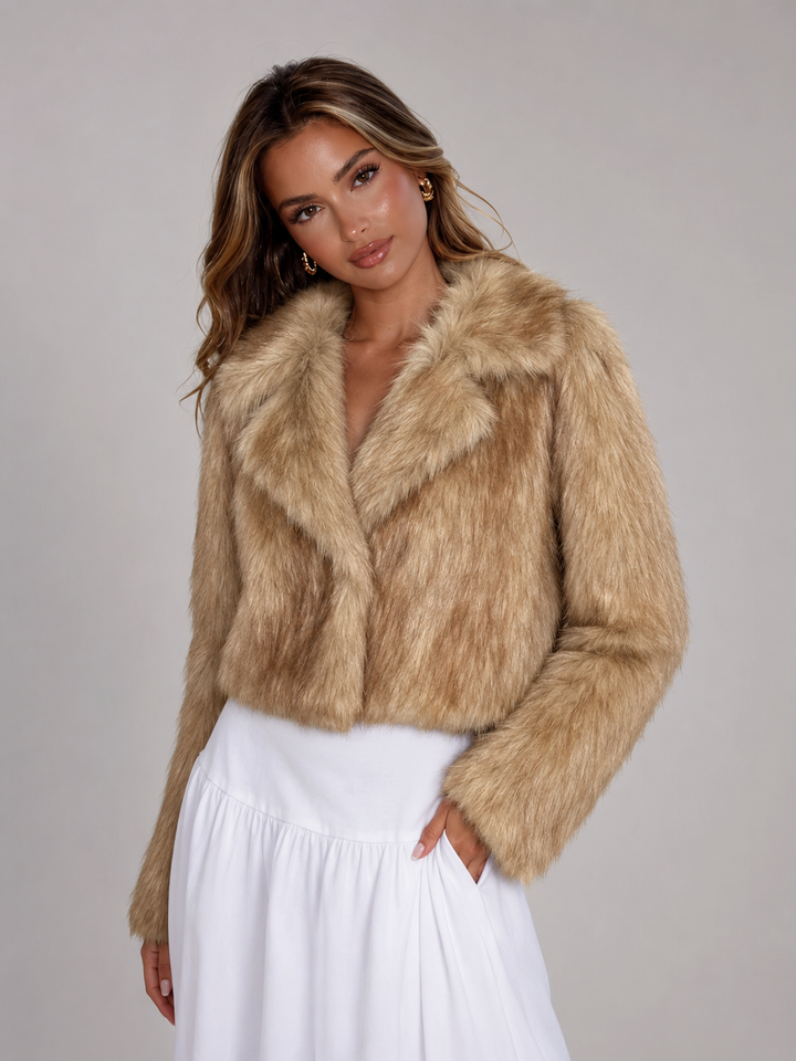 Beige Cropped Faux Fur Jacket with Tailored Collar