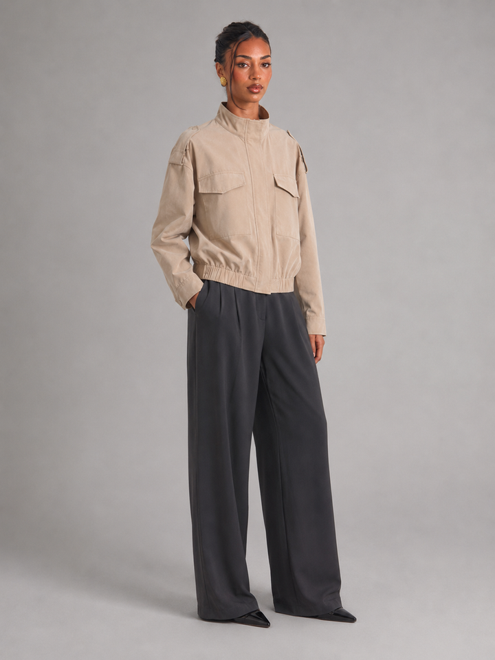 Cropped Utility Jacket with Stand Collar and Zip Placket
