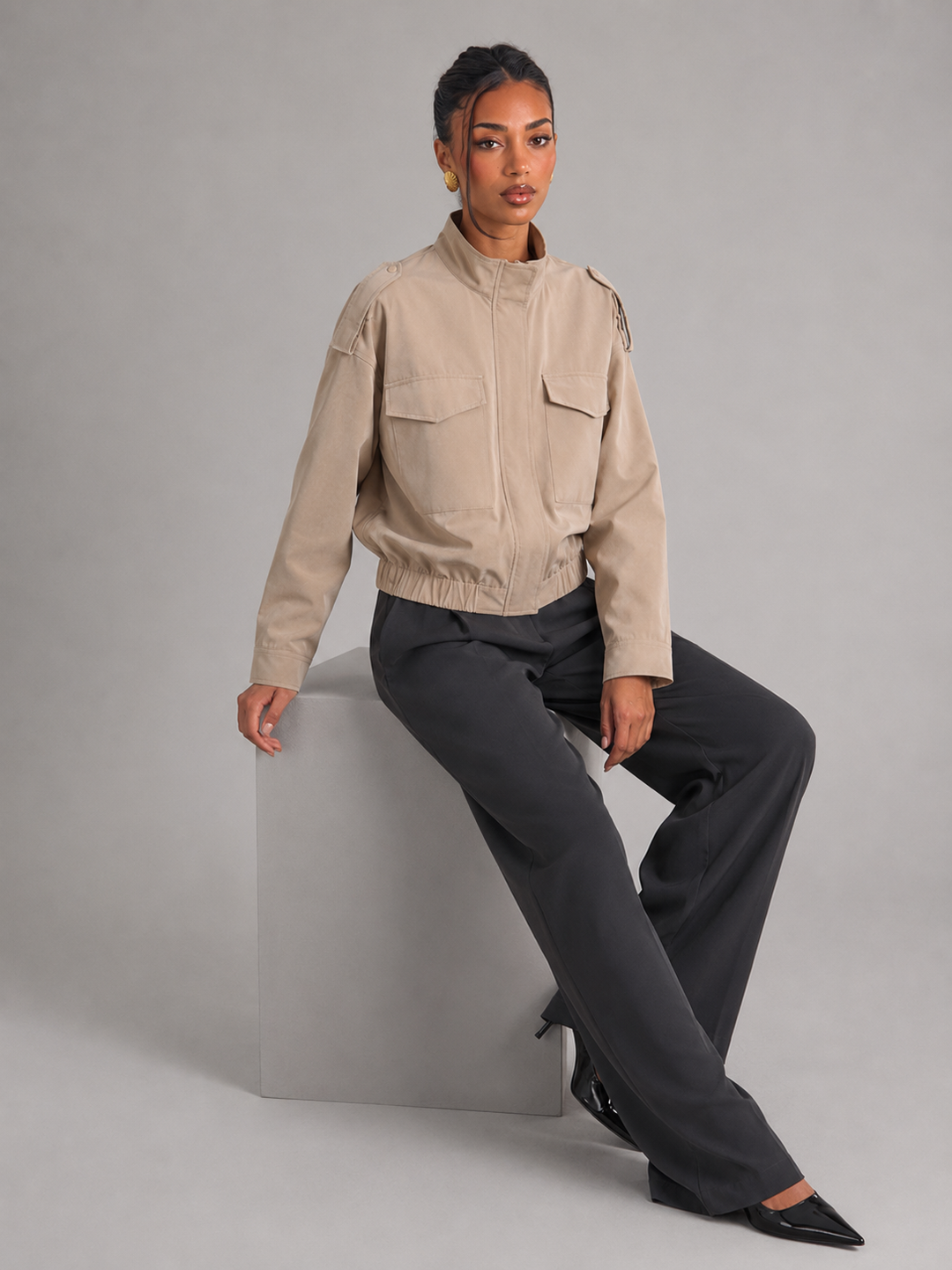 Cropped Utility Jacket with Stand Collar and Zip Placket