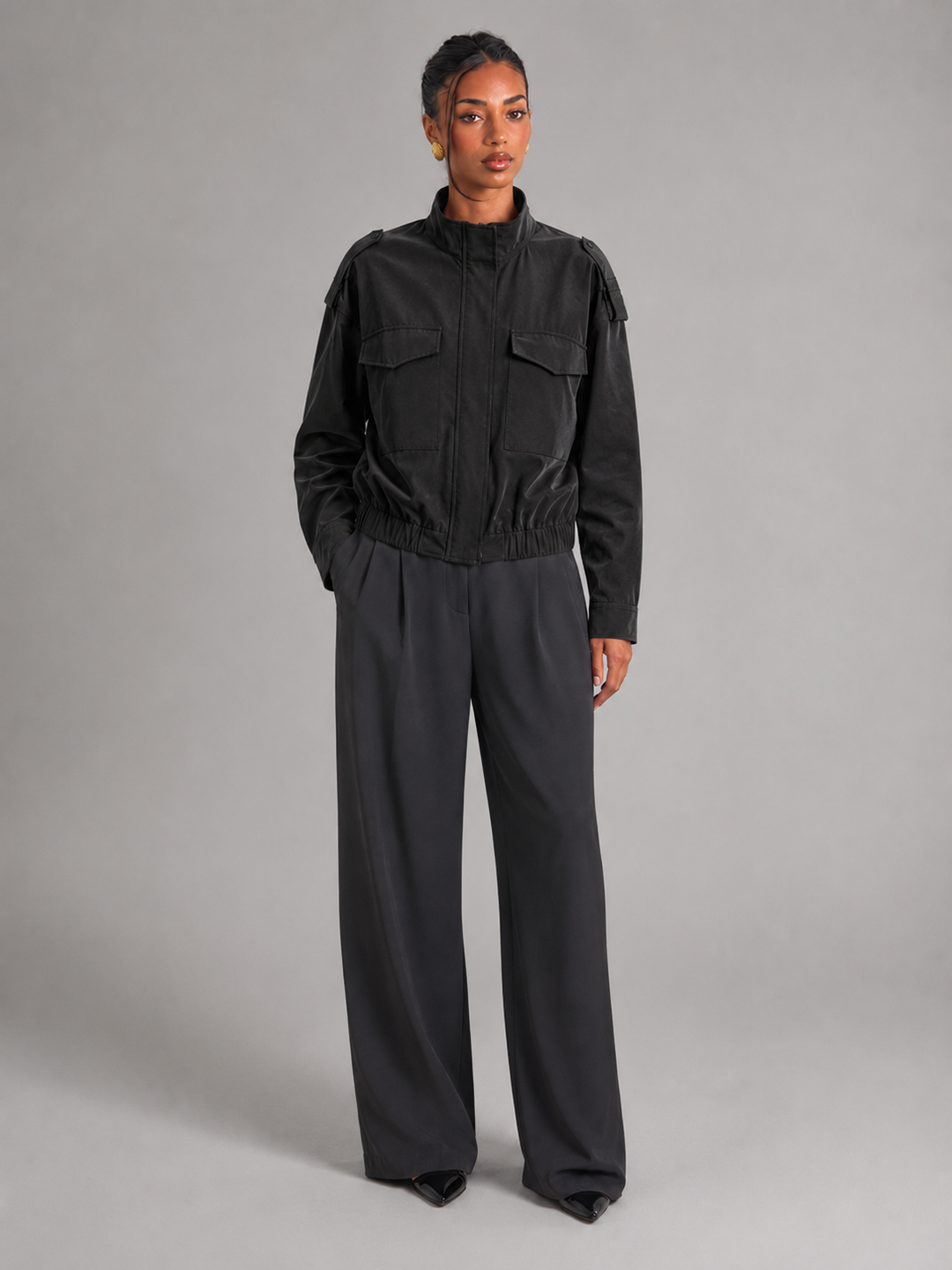 Cropped Utility Jacket with Stand Collar and Zip Placket