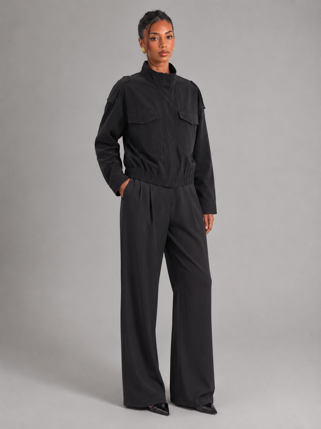 Cropped Utility Jacket with Stand Collar and Zip Placket