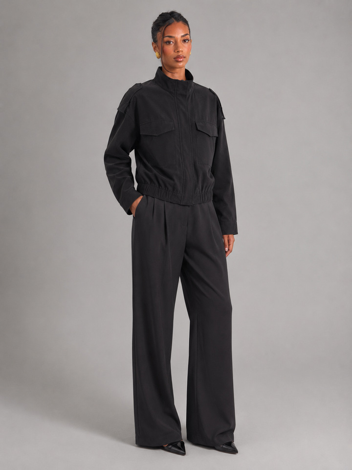 Cropped Utility Jacket with Stand Collar and Zip Placket