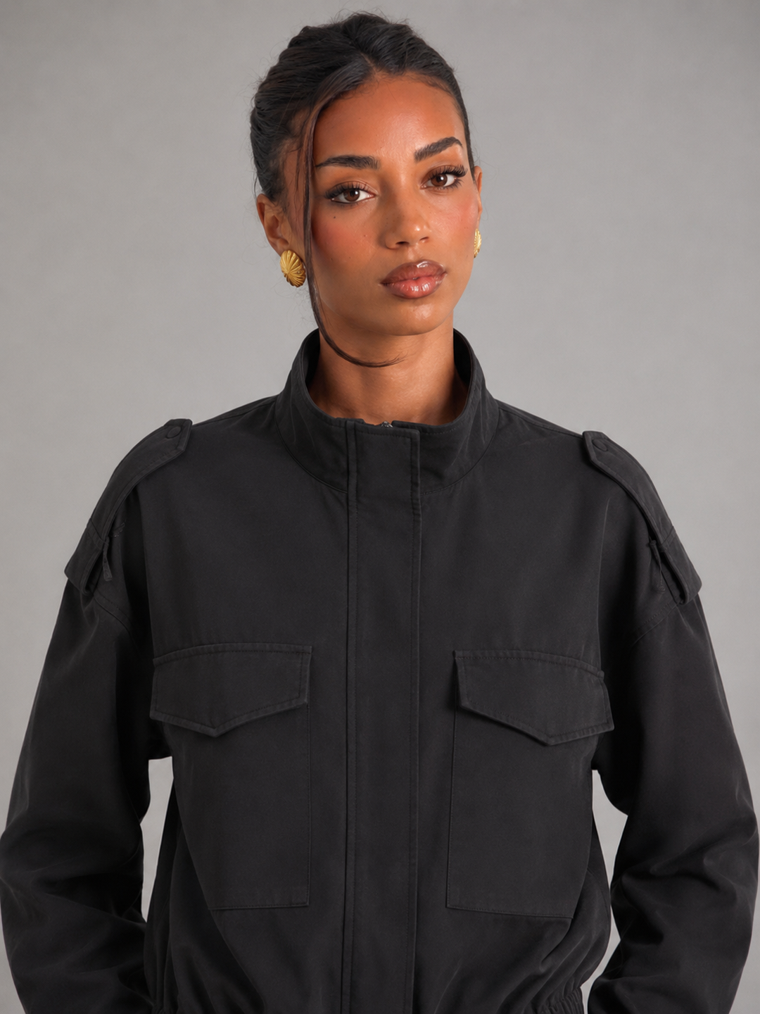 Cropped Utility Jacket with Stand Collar and Zip Placket