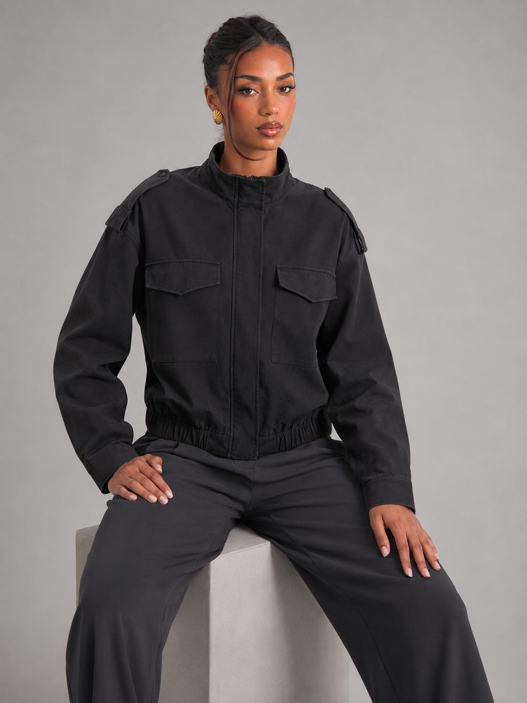 Cropped Utility Jacket with Stand Collar and Zip Placket