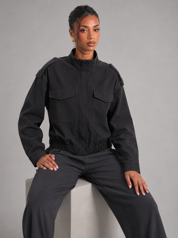 Cropped Utility Jacket with Stand Collar and Zip Placket