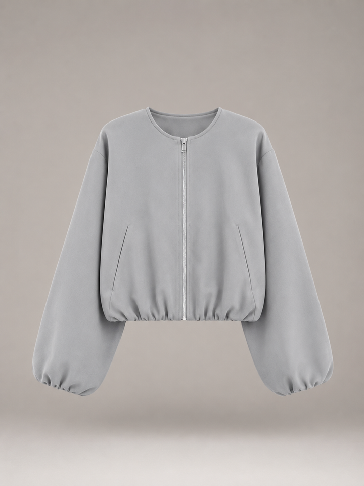 Cropped Zip Bomber Jacket with Balloon Sleeves