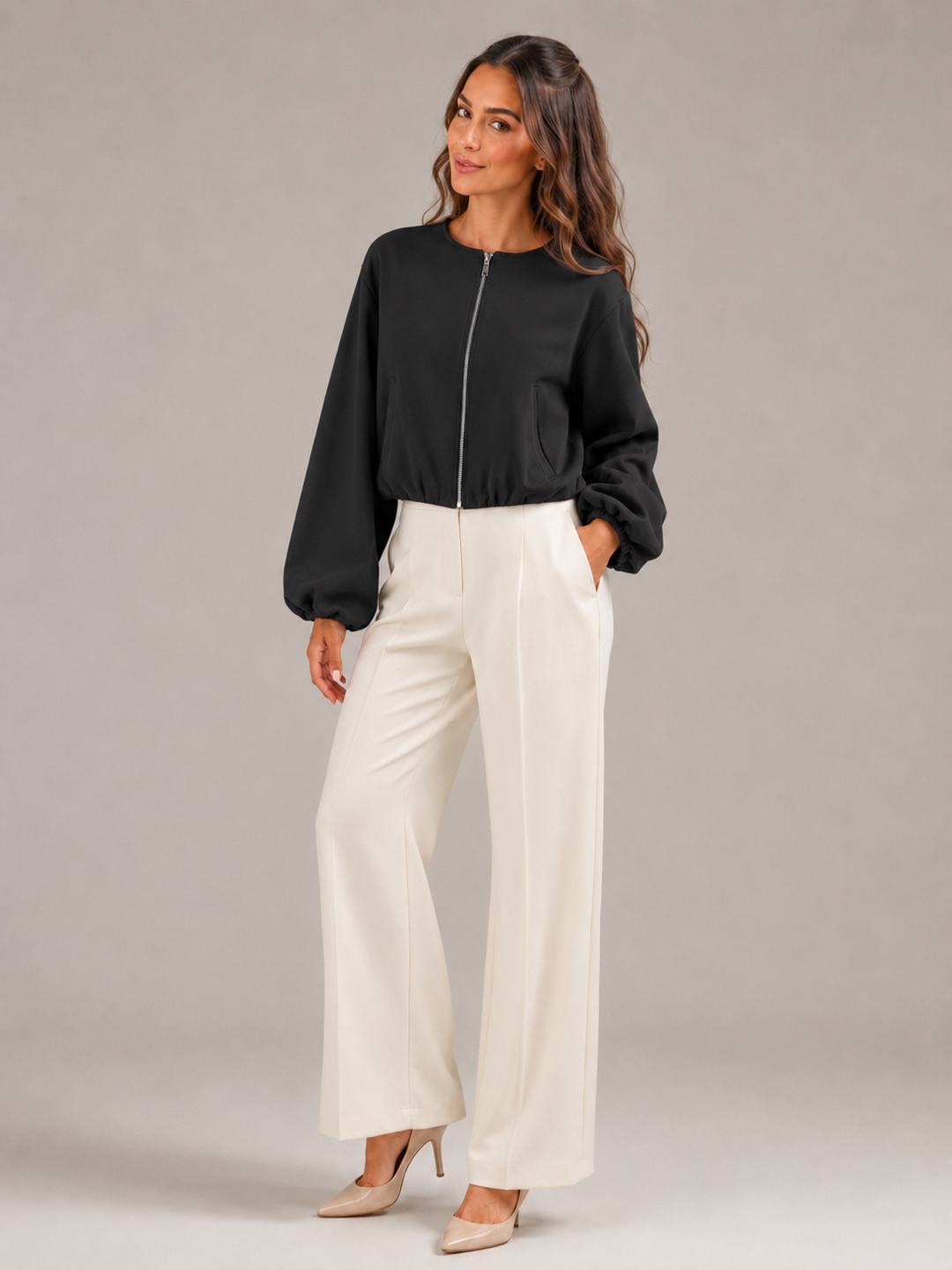 Cropped Zip Bomber Jacket with Balloon Sleeves