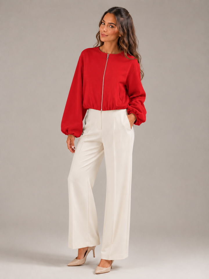 Cropped Zip Bomber Jacket with Balloon Sleeves