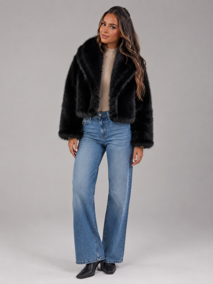 Cropped Faux Fur Jacket with Oversized Shawl Collar
